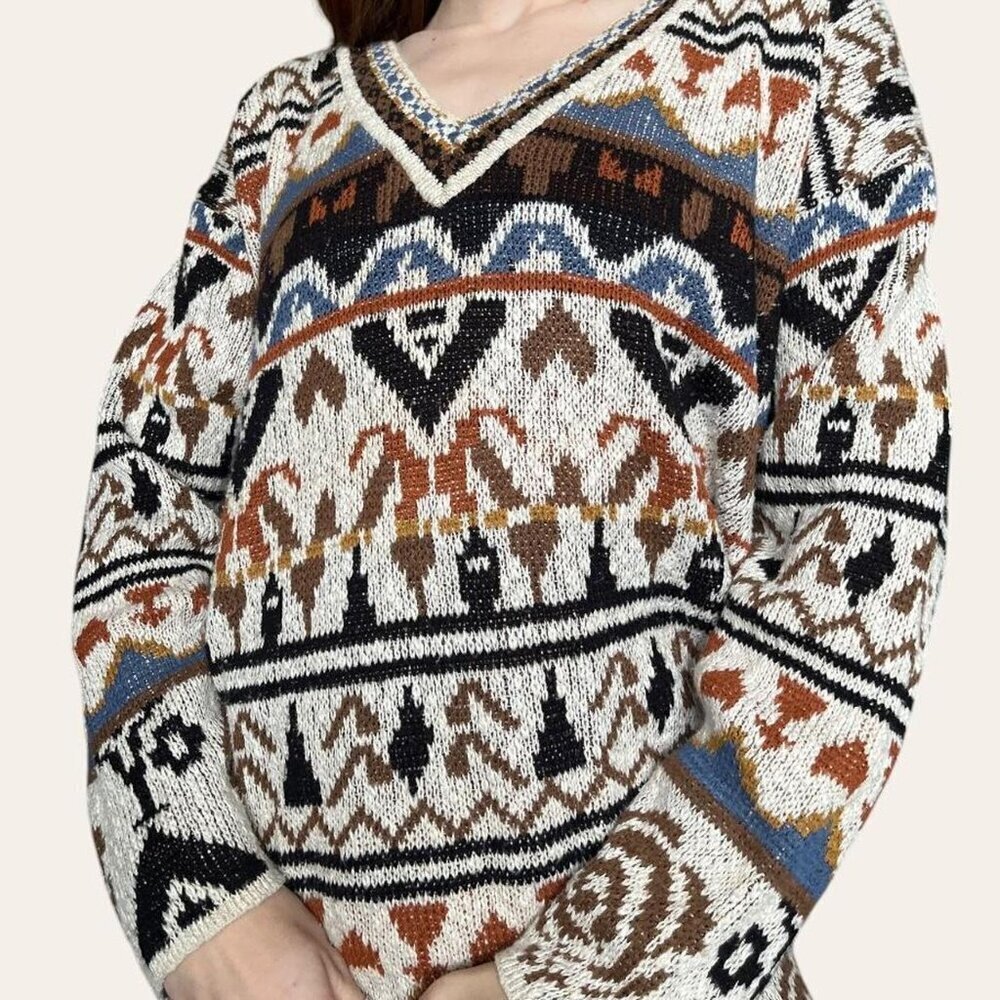 90s vintage multi-patterned neutral knit sweater Croquet Club - Medium - Picture 4 of 7